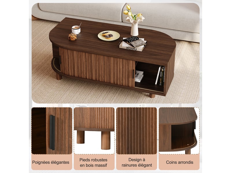  Table basse 100x50x35cm avec 2 portes coulissantes et rangement, pieds en bois, mdf, charge maximale 30kg, effet noyer evarich - Conforama D