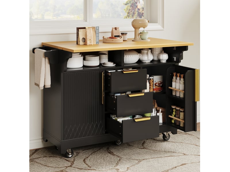  Îlot de cuisine 120x40x95 cm extensible avec rangements, noir et effet bois  - Conforama E