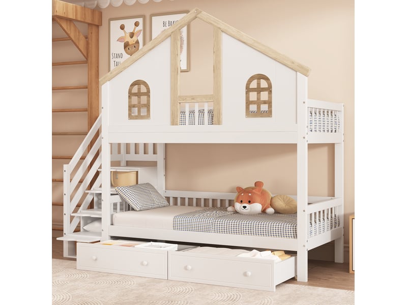  Lit superposé enfant 90 x 200 cm blanc et naturel, forme maison avec escalier de rangement et tiroirs  - Conforama B