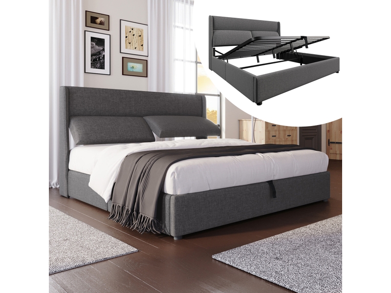  Lit coffre hydraulique 160 x 200 cm en lin gris, appuie-têtes réglables  - Conforama B