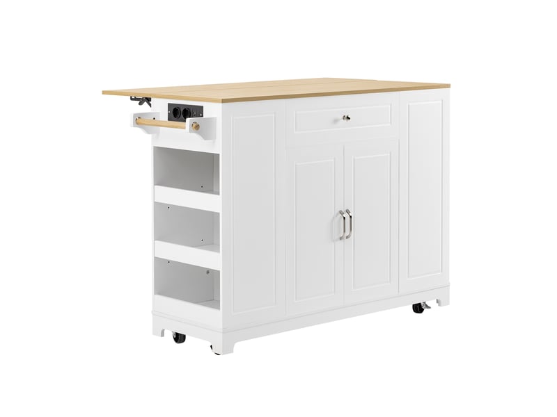 Îlot de cuisine 131.8x40x93.3 cm avec roulettes, plateau extensible, tiroirs multifonctions, compartiment pour bac à déchets, mdf, blanc et naturel - Conforama A
