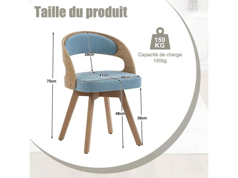  Lot de 2 chaises de salle à manger pivotantes en lin bleu avec pieds en bois  - Conforama E