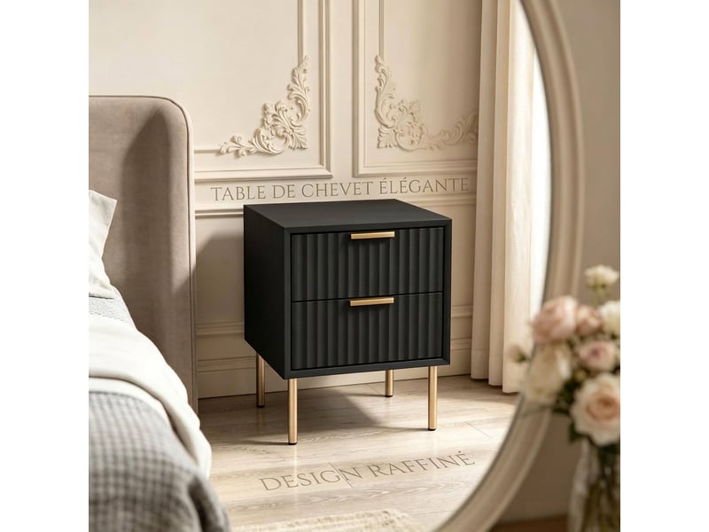  Table de chevet noire avec 2 tiroirs, façade cannelée et pieds en acier, 40x39x48 cm  - Conforama B