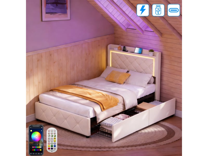  Lit 1 personne 90x200 cm avec sommier led et usb tpye c, lit coffre avec 2 tiroirs de rangement, lit une place, lit 1 personne 90x200 avec 2 tiroirs de rangement, éclairage led rgb - charge usb et type-c, lit une place, lit coff…  - Conforama B