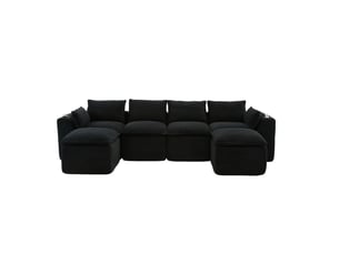 Canapé modulable 4 places modenvie avec 2 poufs, coussins et poches latérales, mousse et ressorts, velours côtelé noir, 322 x 161 x 75 cm