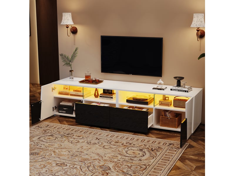  Meuble tv 180 x 38,5 x 45 cm avec led, 2 tiroirs, 2 portes, blanc et noir  - Conforama B