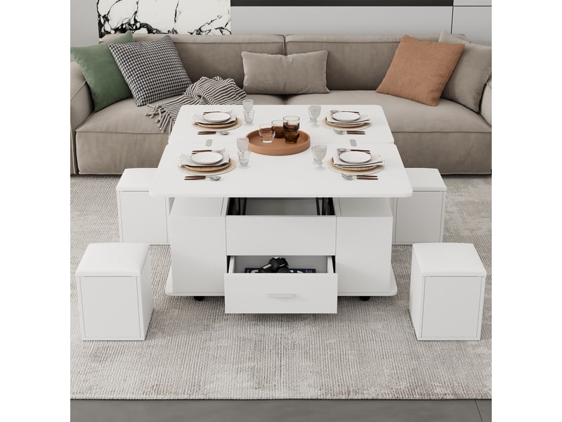  Table basse relevable et extensible blanche avec 4 poufs 100x50cm  - Conforama B