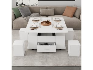 Table basse relevable et extensible blanche avec 4 poufs 100x50cm