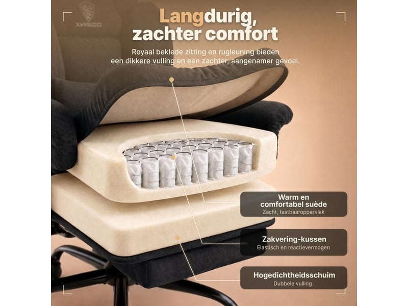  Dowinx fauteuil de bureau ergonomique gaming avec repose-pieds, dossier réglable, tissu respirant et velours, pour adulte, noir  - Conforama D