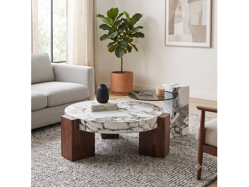  Ensemble de tables basses rondes 61 et 44 cm – blanc et décor bois – 2 pièces modulables pour salon  - Conforama B