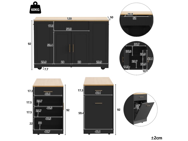  Îlot de cuisine mobile 120x50x92 cm, 2 portes, 3 tiroirs, noir et bois  - Conforama C