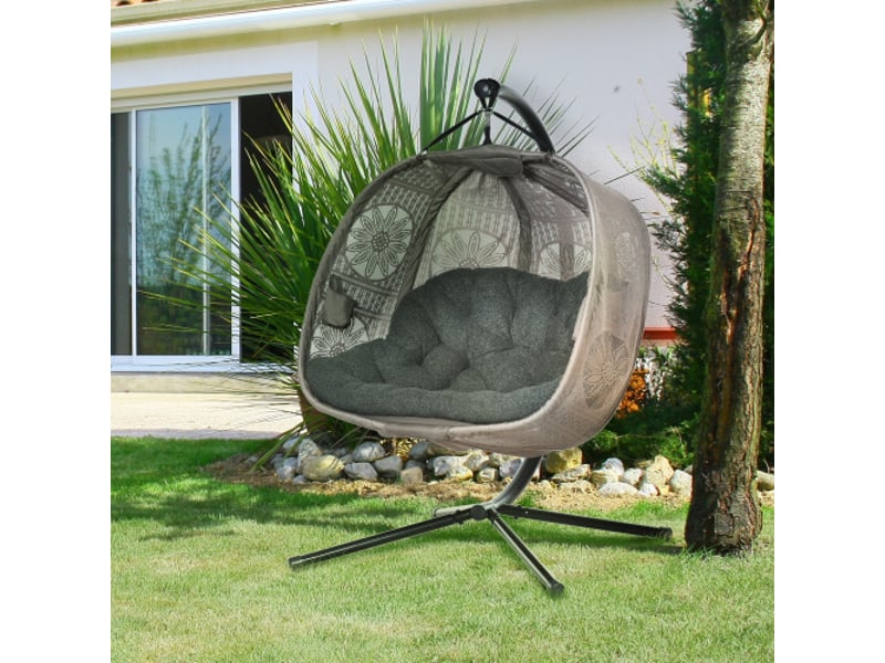  Fauteuil suspendu 2 places en acier, pliable, avec coussins, tissu tricoté fleuri, avec support  - Conforama B