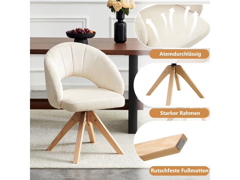  Lot de 2 chaises de salle à manger pivotantes,tissu et bois,blanc  - Conforama E