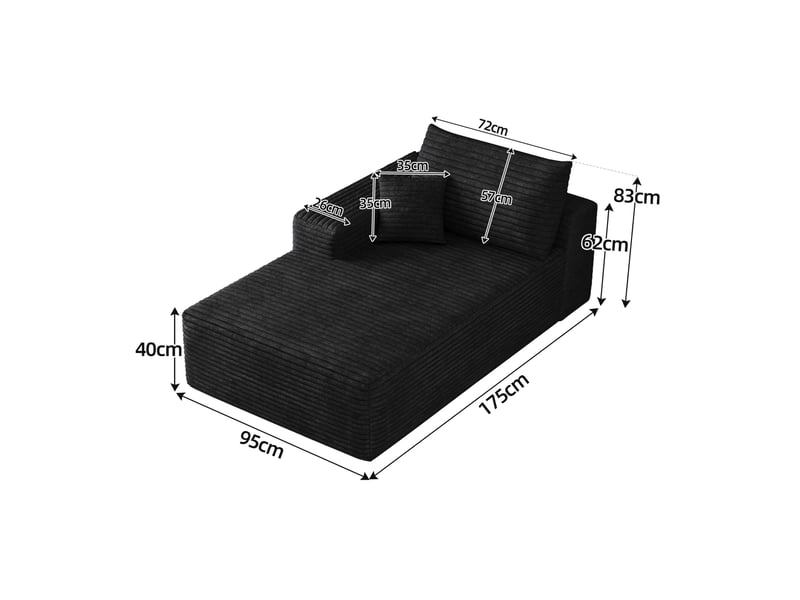 Canapé convertible 1 place réversible avec méridienne sans montage en velours côtelé noir, 175 × 95 × 83 cm - Conforama C