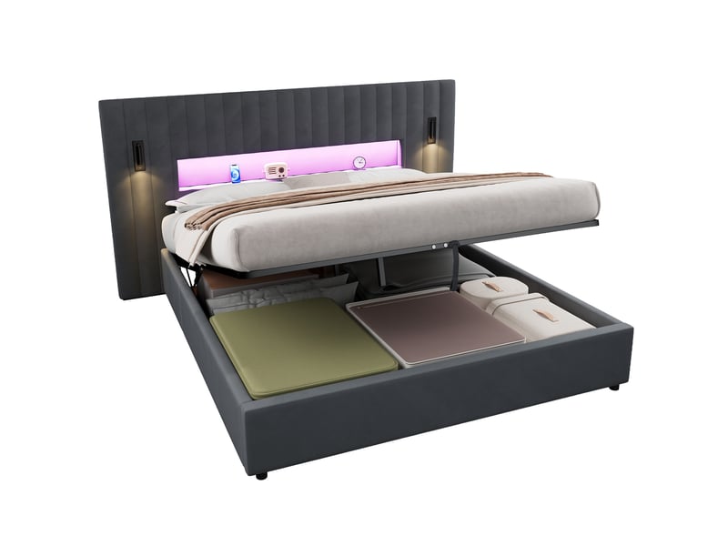  Lit coffre ulevr 180 x 200 cm avec rangement hydraulique, liseuses led réglables et 2 ports usb, velours gris foncégris  - Conforama A