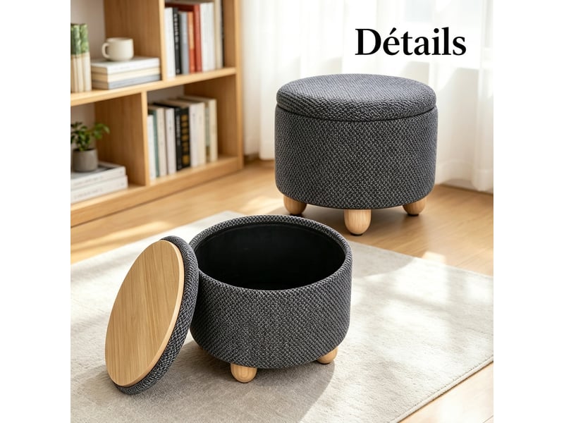  Pouf de rangement rond gris foncé avec plateau en bois, repose-pieds, 39x39x33 cm  - Conforama B