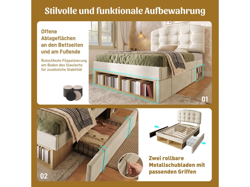  Lit rangement 90 x 200 cm lit avec tiroirs velours beige tête de lit cintrée réglable en hauteur rangement intégré structure de lit  - Conforama E