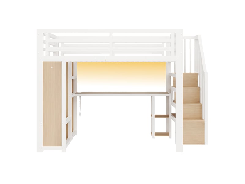  Lit mezzanine enfant 2 places 140x200 cm lit double en métal avec bureau led ports usb armoire escalier rangements, blanc  - Conforama R