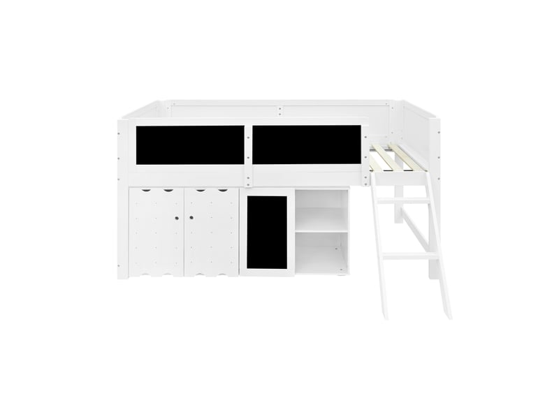  Lit mezzanine enfant 90x200 cm blanc avec placards, tableau, échelle et barrières  - Conforama D