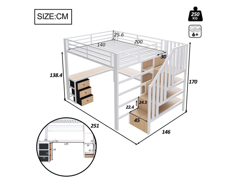  Lit mezzanine 140 × 200 cm 2 places avec bureau, 4 tiroirs, led et escaliers de rangement, sans matelas, blanc  - Conforama D