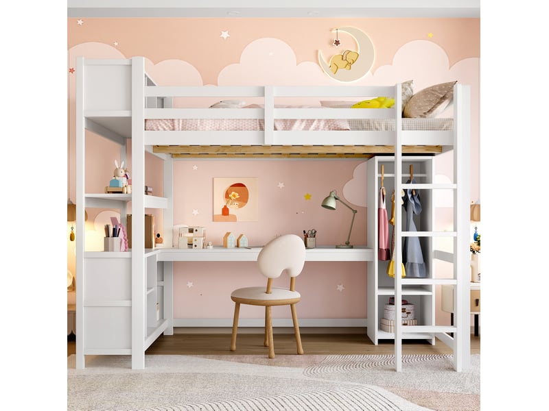  Lit mezzanine 140x200 cm, espace de rangement, avec bureau et rangements, structure en bois et mdf, blanc, sans matelas  - Conforama B
