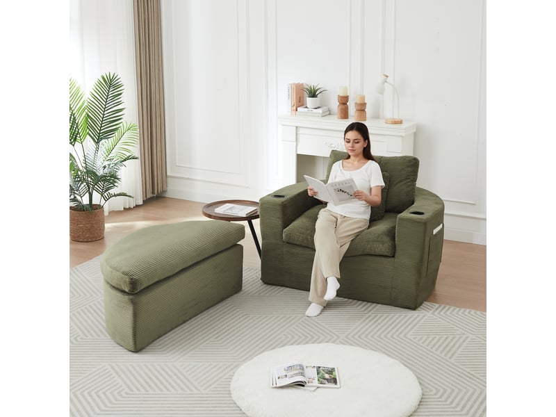  Fauteuil lounge rond extra grand sans armature avec pouf, rangement integre et porte-gobelet, coussin double couche  - Conforama D
