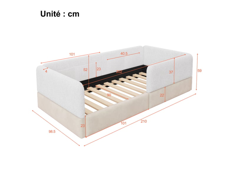  Lit simple avec barrière rembourrée, 4 poches de rangement, 200x90 cm, sans matelas, blanc et beige  - Conforama D