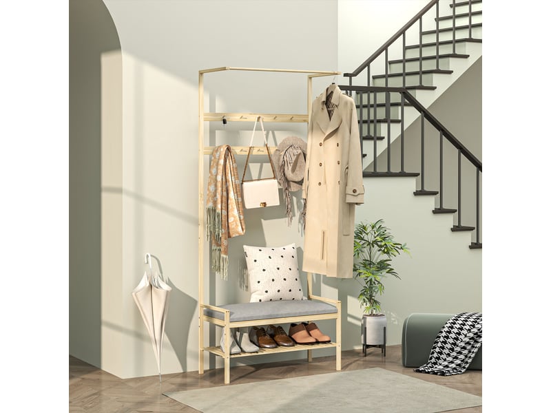 Porte-manteau avec banc à chaussures, crochets à chaussures et compartiment de rangement pour l'entrée, 73,5 x 34 x 171 cm, gris et naturel  - Conforama C