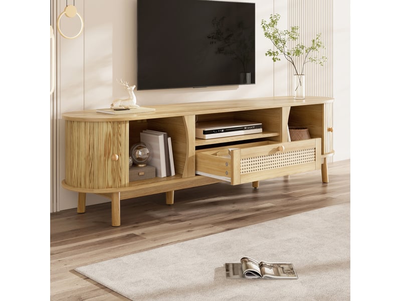  Meuble tv 165 x 37 x 46 cm en mdf avec portes coulissantes et tiroir en rotin naturel  - Conforama E