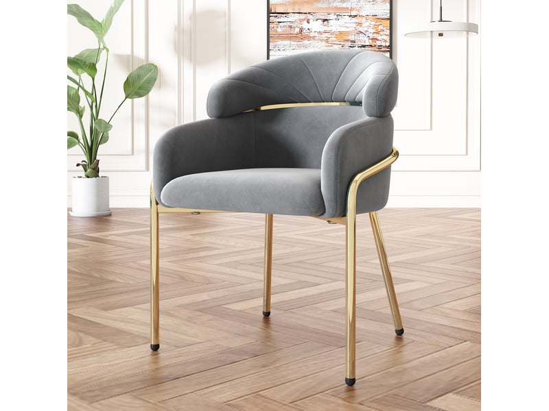 Chaise de salle à manger lot de 4 avec accoudoirs et dossier ergonomique, pieds en métal, velours gris - Conforama E