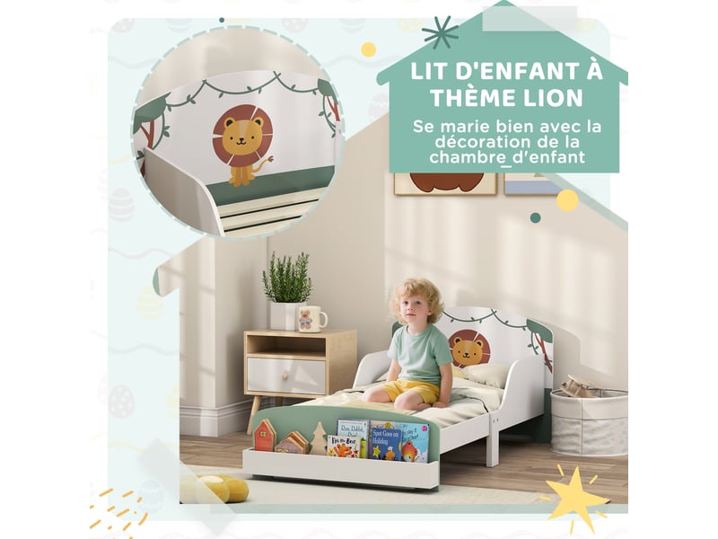  Lit enfant 70 x 140 cm, lit pour enfant avec barriere de securite et sommier à lattes, espace de rangement, vert  - Conforama E
