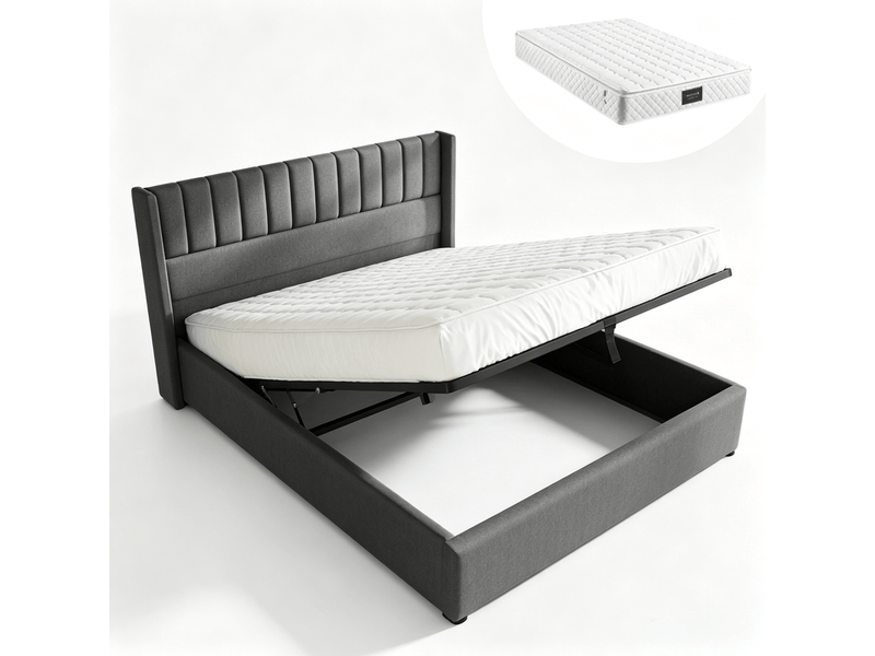  Lit coffre,160x200 cm,avec relevage hydraulique,lin,gris  - Conforama A