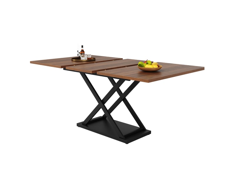  Table extensible (120)160×80x75cm avec pieds en métal à design croisé, style naturel, pour salon, mdf, noyer et noir  - Conforama A