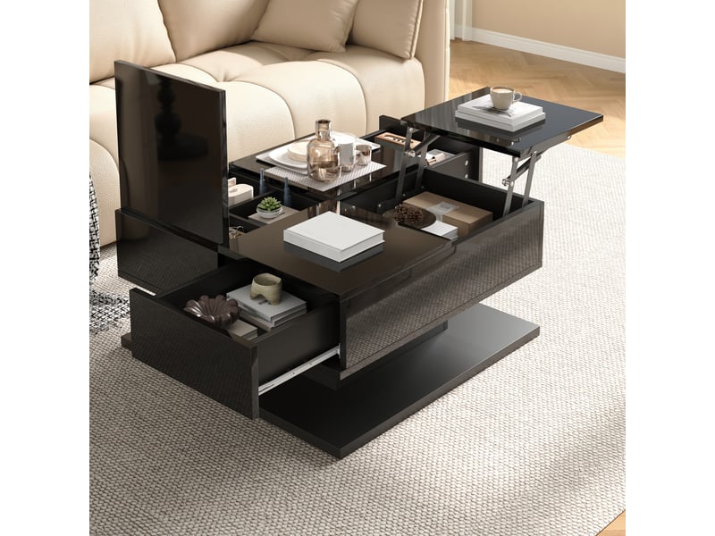 Table basse carrée relevable 72x72cm laquée noire avec led connectée | plateau double ouverture et 2 tiroirs | charge 60kg - noir - Conforama D