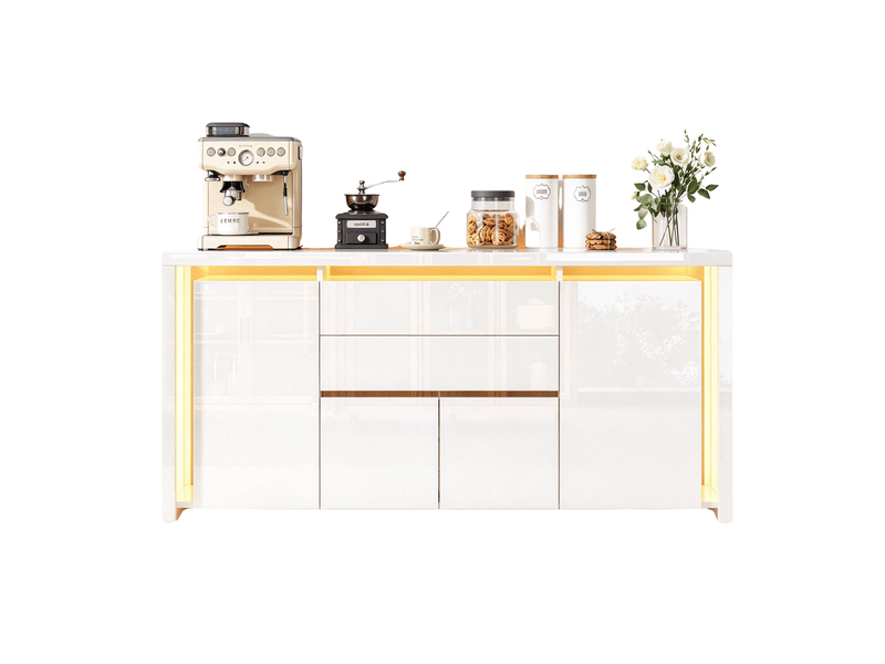 Meuble cuisine blanc, 160x35x75 cm buffet cuisine bas blanc laqué avec éclairage led - 4 portes et 2 tiroirs - pour cuisine, salle à manger, salon - Conforama A