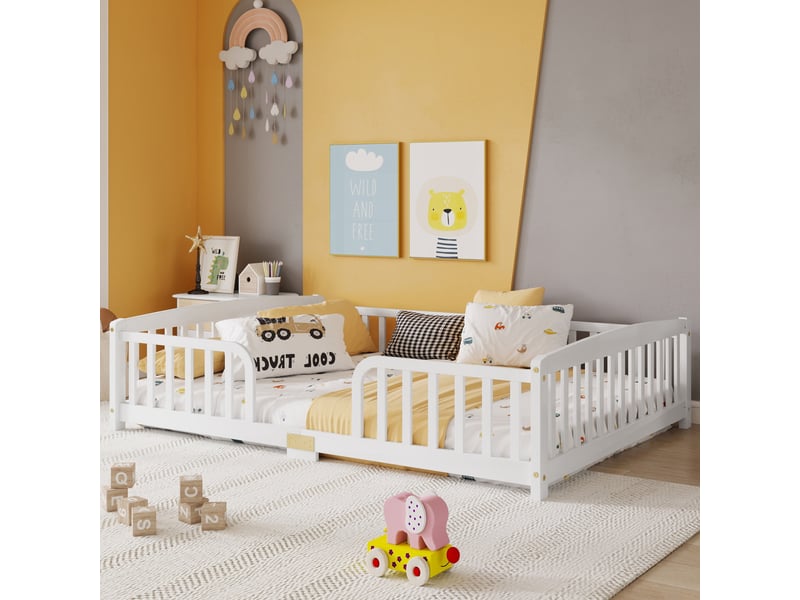  Lit au sol enfant 140x200 cm - lit double 140x200 - avec barrières de sécurité et entrée centrale - bois de pin - blanc  - Conforama D