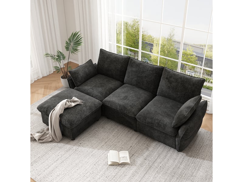  Canapé d'angle 3 places avec pouf, revêtement en chenille gris foncé, design moderne et coussins amovibles pour salon &amp; petit appartement  - Conforama E