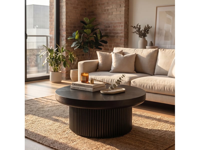  Table basse ronde avec base cylindrique cannelée et plateau épais, style moderne, pour salon, en bois d'ingénierie, noir  - Conforama C
