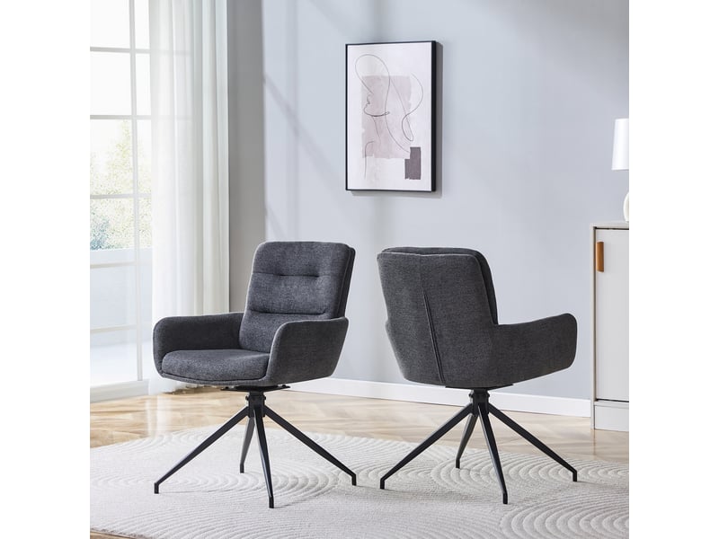  Chaises de salle à manger lot de 2 pivotantes 360°  - dossier capitonné, tissu et métal - gris foncé noir  - Conforama C