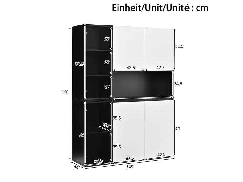  Vitrine moderne noir et blanc 160x40x120 cm, meuble en mdf avec éclairage led intégré et portes vitrees  - Conforama C
