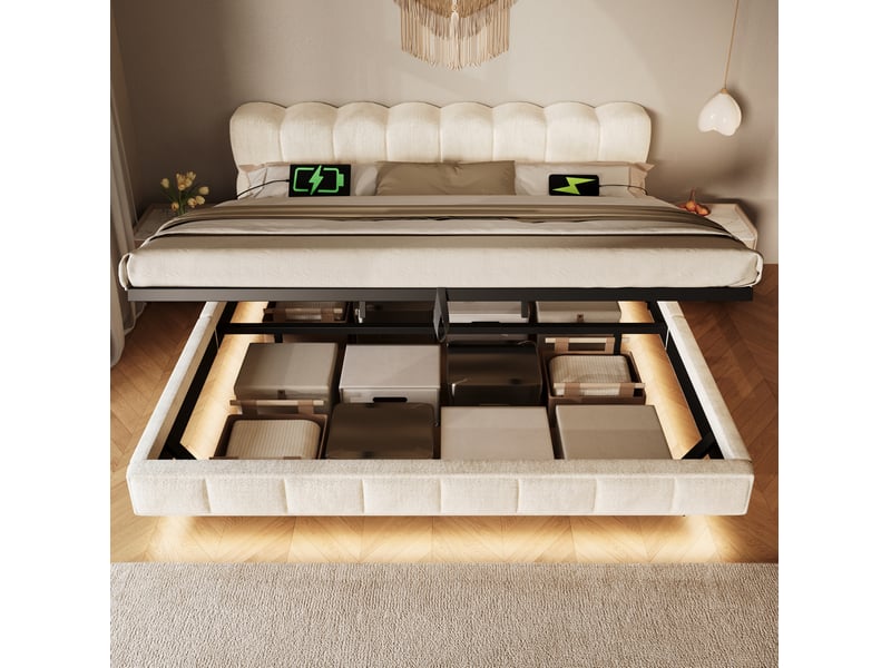  Lit coffre 180x200 cm en chenille beige avec led et ports usbusb-c  - Conforama D