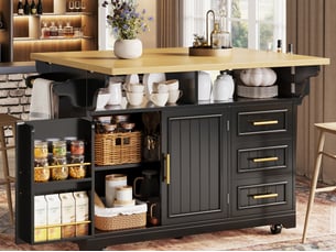 Îlot de cuisine mobile 120 x 40 x 95 cm, plateau extensible, 3 tiroirs, 2 portes et roulettes, noir, style contemporain