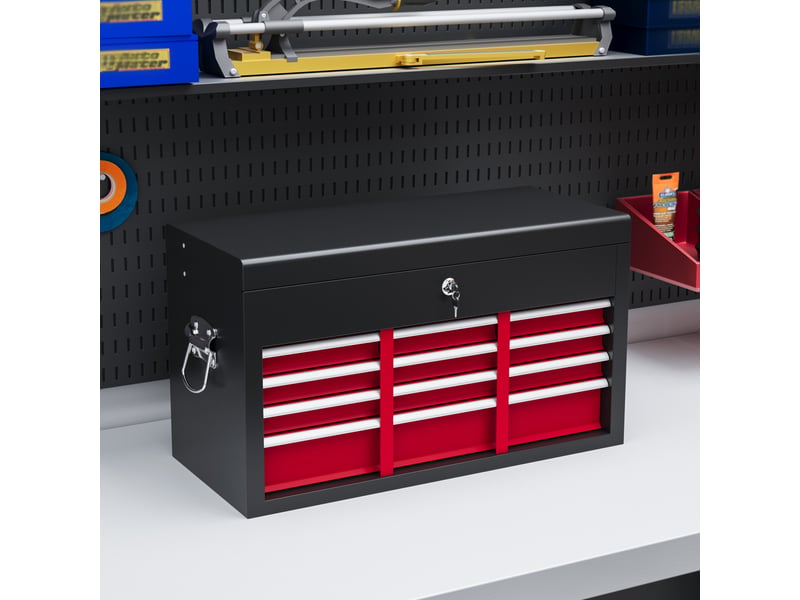 Boîte à outils 60 x 26 x 34 cm rouge et noire en acier, 6 tiroirs verrouillables avec rangement supérieur - Conforama B