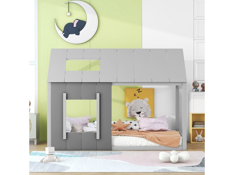 Lit cabane enfant 200×90 cm avec toit et fenêtre, en pin et mdf gris, structure ouverte à décorer - Conforama C