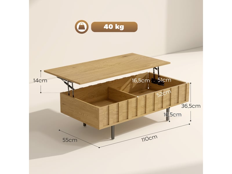  Table basse relevable avec 2 compartiments cachés et latéraux cannelés, style mid-century modern, 110x55x36,5cm, chêne  - Conforama C