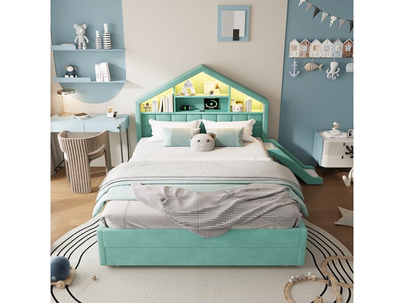  Lit cabane enfant bleu et vert 140 × 200 cm en velours, avec rangement intégré, port usb, structure rembourrée  - Conforama E
