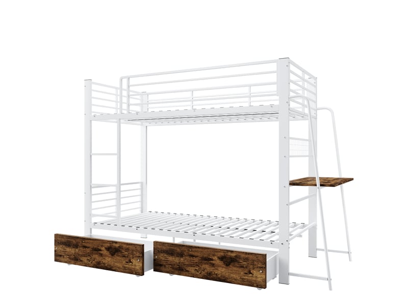  Lit superposé 90x200 cm avec bureau, led et tiroirs, en métal, blanc mat et noyer foncé  - Conforama A