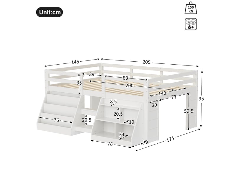 Lit mezzanine enfant 140x200cm en pin avec compartiments ouverts et led,lit superposé double avec échelle et barrières de sécurité,sans matelas-naturel  - Conforama C
