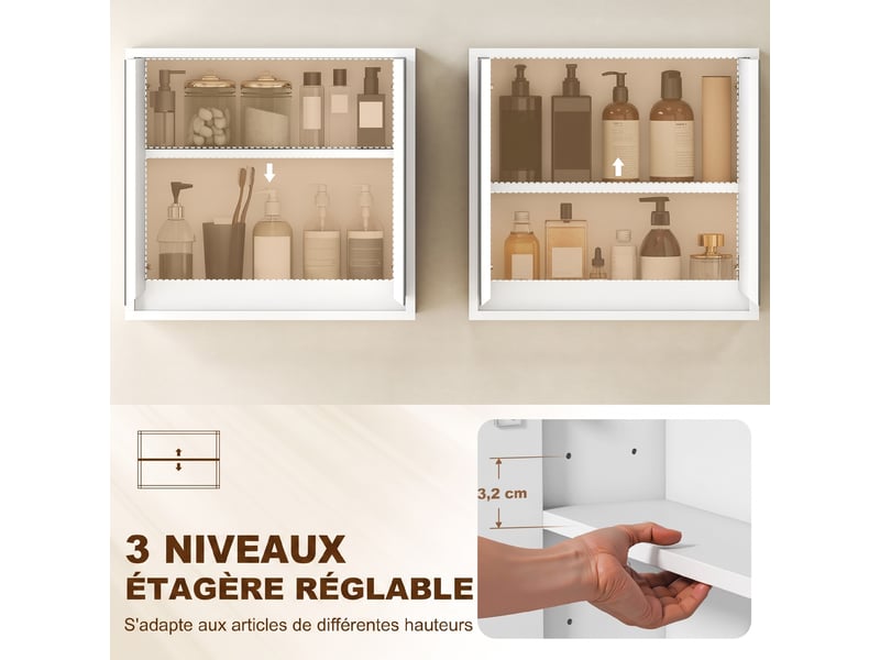 Armoire murale miroir salle de bain 2 étagères panneaux particules mdf blanc dim. 48l x 14l x 45h cm - Conforama E
