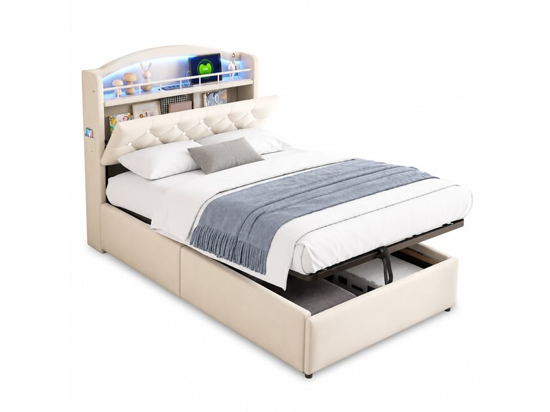 Lit enfant coffre 90x200 cm avec led, usb et usb-c en tissu beige - Conforama A
